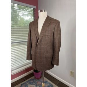 Isaia Sport Coat Mens 44R in Brown Red Plaid 100% Wool Blazer